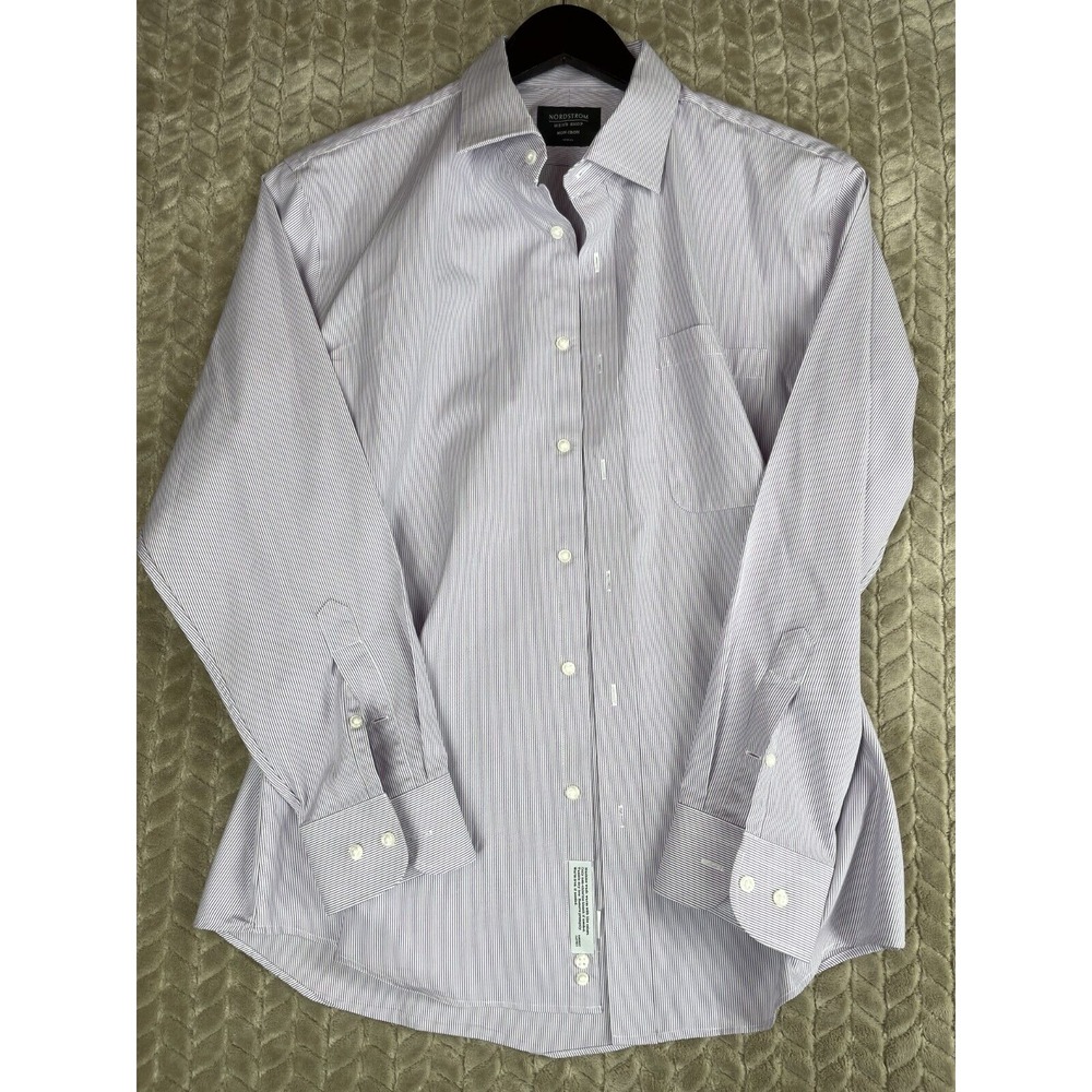 Nordstrom Button Up Shirt Mens 16 Purple Striped Trim Fit Non Iron Long Sleeve